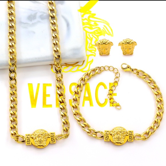 18K Gold Plated Versace Women jewelry Set Chain Necklace Bracelet and Earrings - Picture 1 of 17